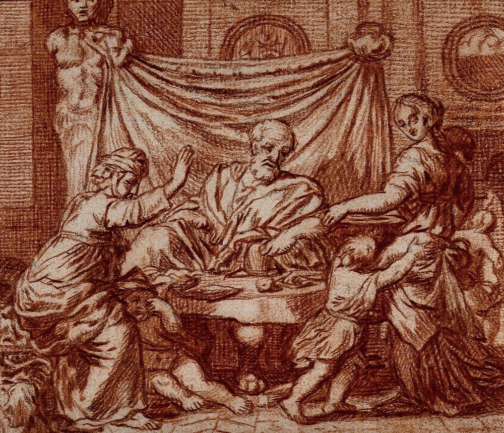 Sarah and Abraham, seated at table, are served by Hagar: Sarah demands that Abraham evict Hagar and Ishmael. Red chalk…