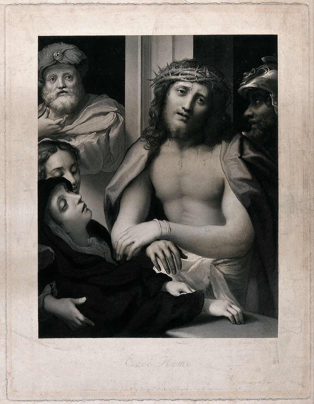 Christ wearing the crown of thorns is presented by Pilate to the Jews. Engraving by G.T. Doo, 1850, after A. Allegri, il…