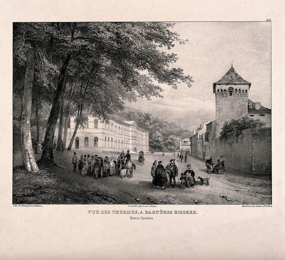 Social gathering with a view of the thermal baths, Bagnéres de Bigorre. Lithograph by J. Jacottet and A. Bayot.