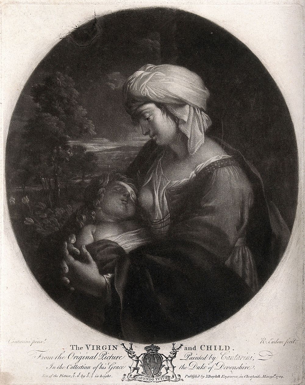 Saint Mary (the Blessed Virgin) with the Christ Child. Mezzotint by R. Earlom, 1769, after S. Cantarini, il Pesarese.