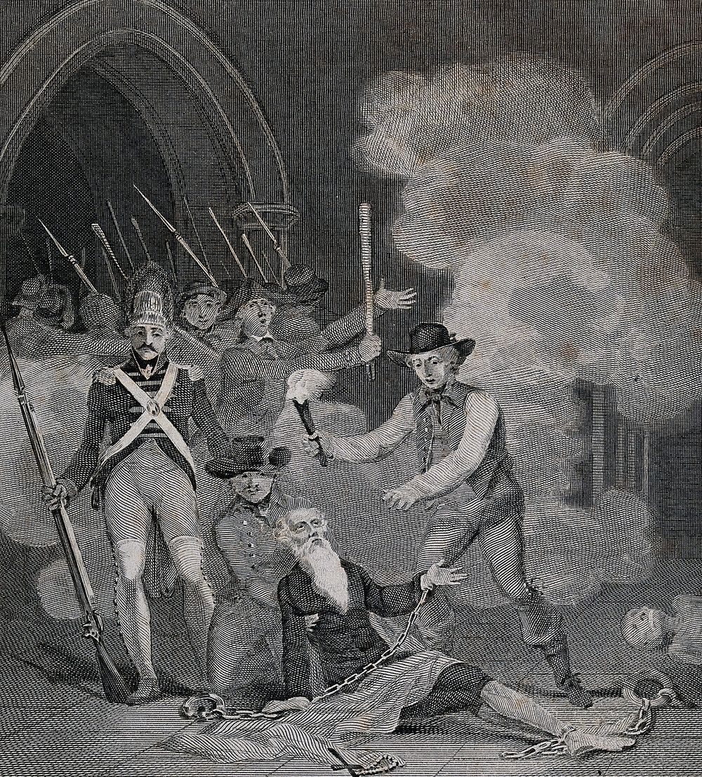 The liberation of a manacled prisoner during the taking of the Bastille on the 14 July 1789. Line engraving with etching.