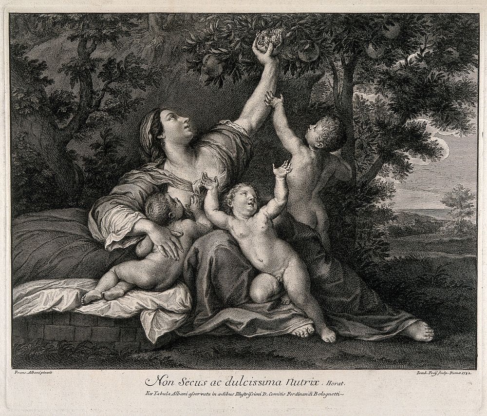 A woman breast feeding a child and plucking a fruit from an abundant tree, two of her other children are also with her.…