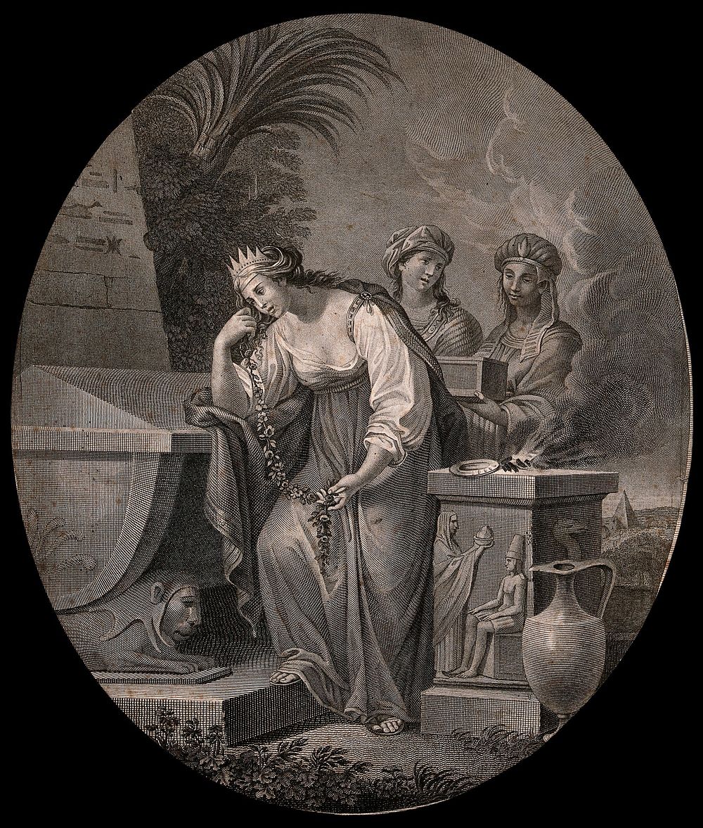 A young woman wearing a crown deposists a flower garland on a tomb and burns incense on a stone nearby. Line engraving.