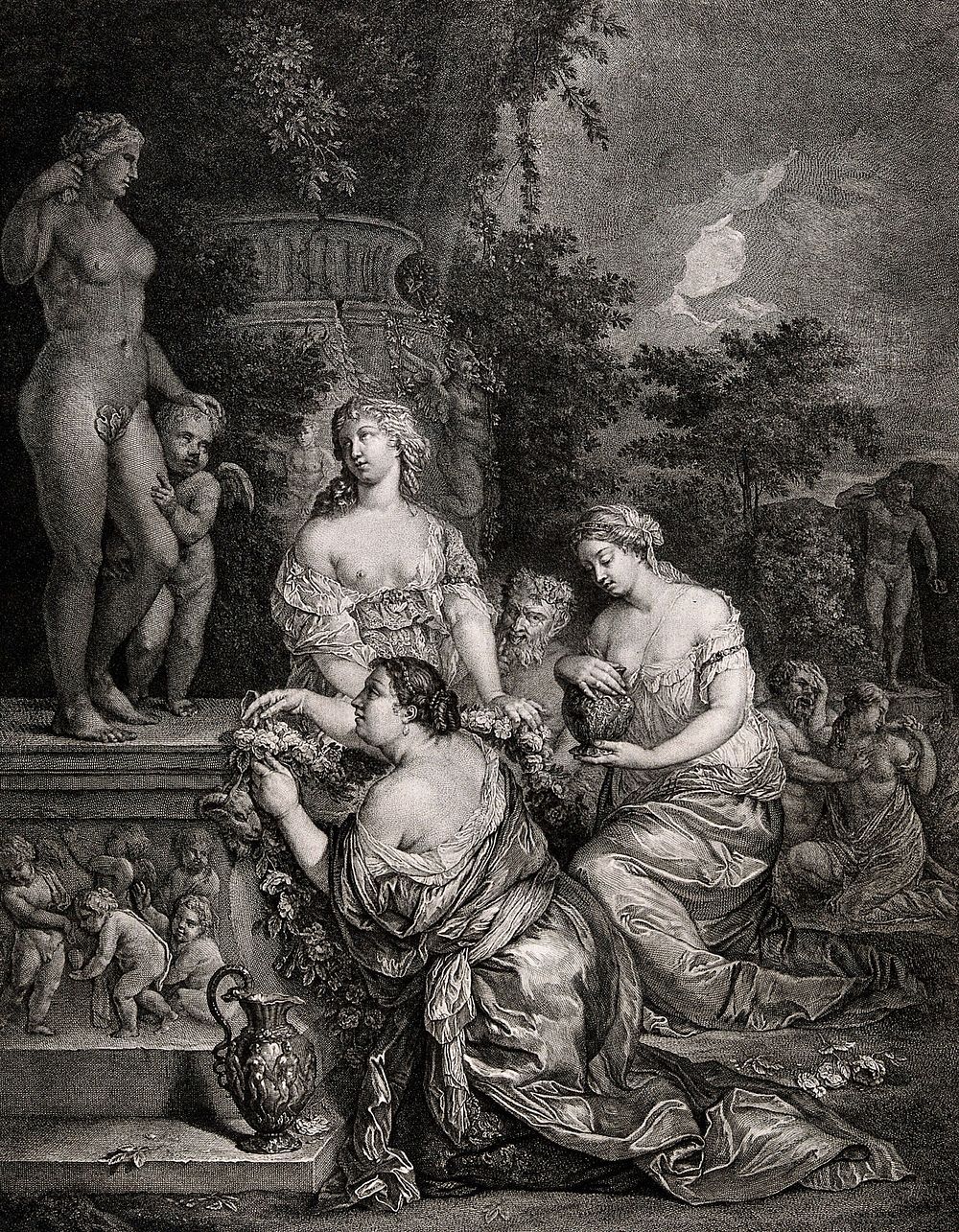 Three women praying to Venus (Aphrodite). Engraving by J.D. Dugourc, 1772, after C. Netscher.