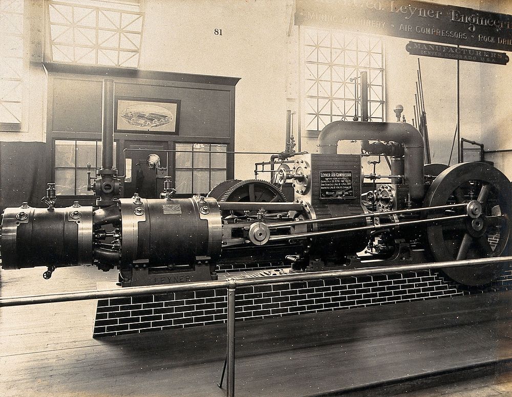 The 1904 World's Fair, St. Louis, Missouri: an air compressor manufactured by the Leyner Engineering Company of Denver…