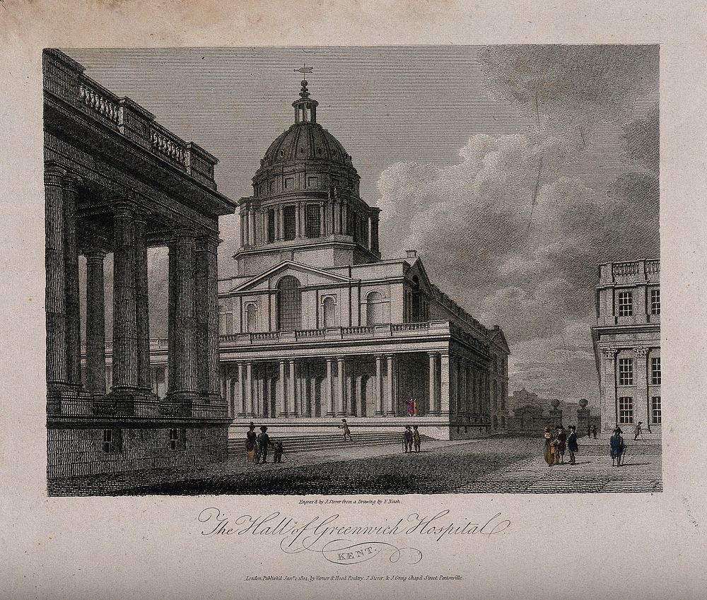 Royal Naval Hospital, Greenwich, a three-quarter view of the Hall. Coloured engraving by J. Storer after F. Nash, 1803.