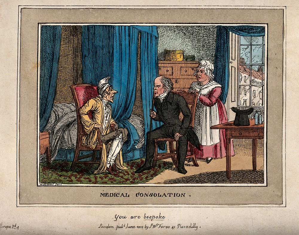 A thin, anxious patient consulting a doctor. Coloured etching by C. Williams, 1823.