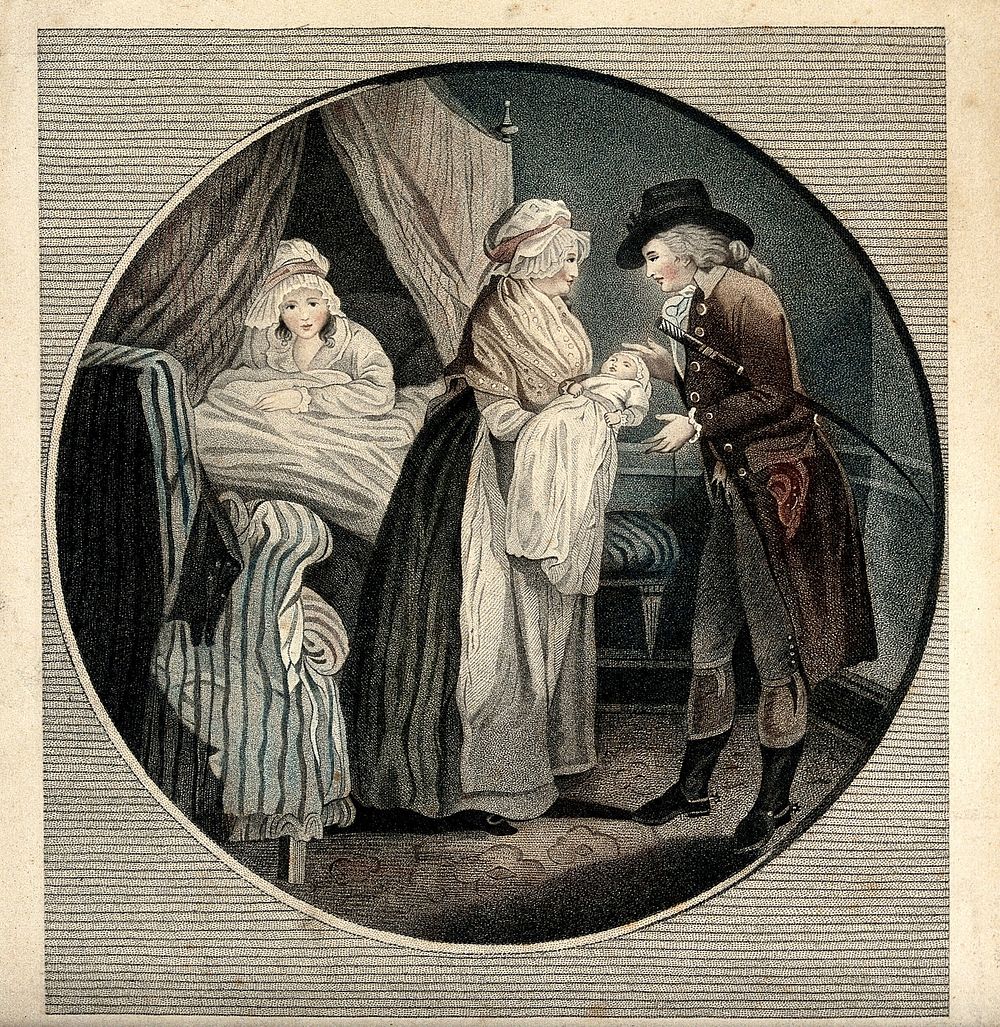 A mother in bed after having given birth; the midwife showing the baby to the father. Coloured stipple engraving, ca. 1800.