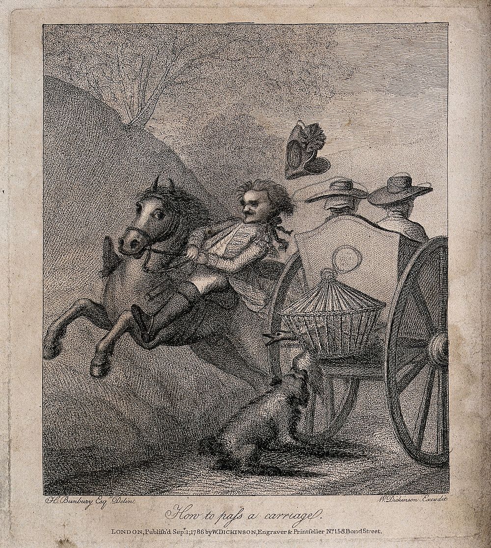 A man on horseback rushes past a carriage which sends his hat flying. Etching by H. Bunbury.