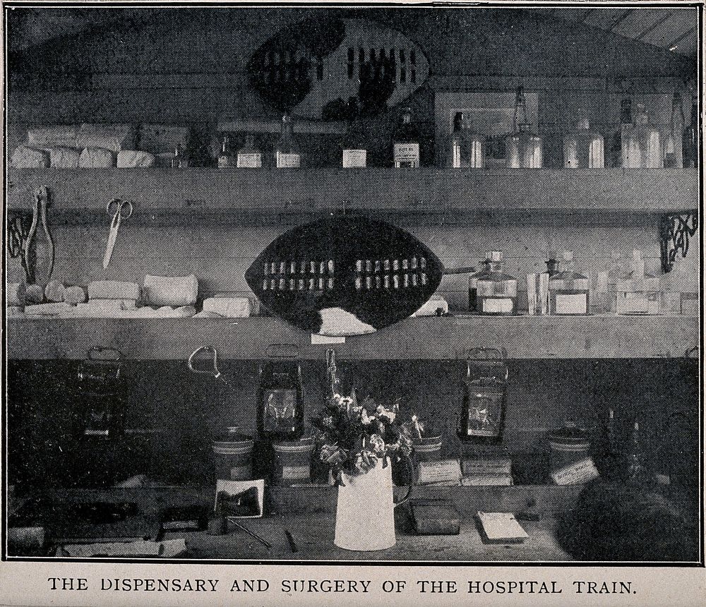 Boer War: the dispensary and surgery in a hospital train. Halftone, c. 1900.