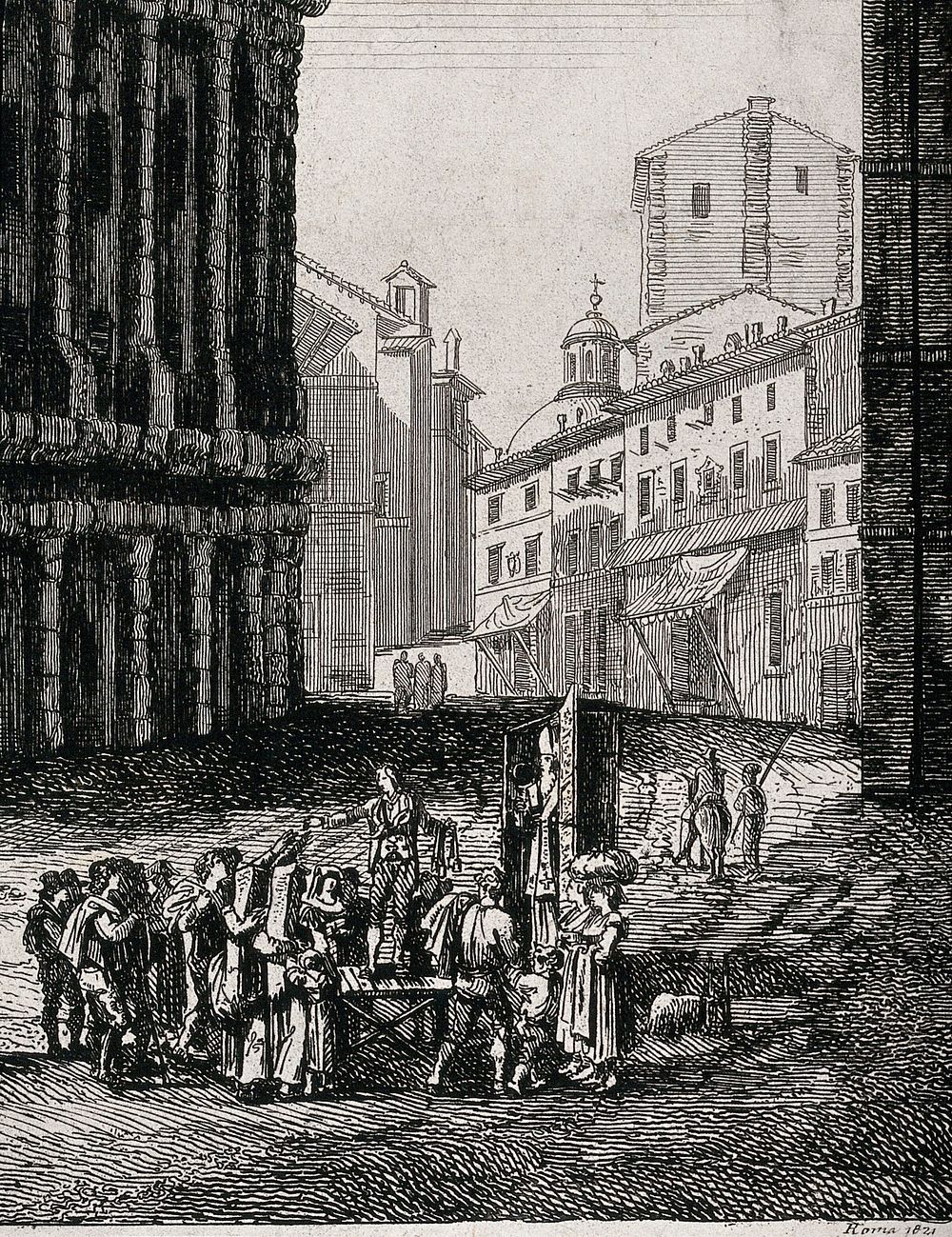 A lay preacher with a wax  image of a bishop, addresses a crowd in the streets of Rome. Etching, 1824.