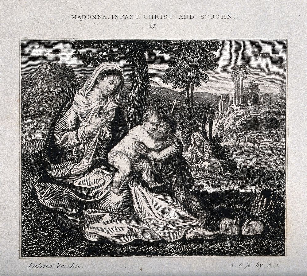 Saint Mary (the Blessed Virgin) and Saint Joseph with the Christ Child and Saint John the Baptist. Engraving after Palma…
