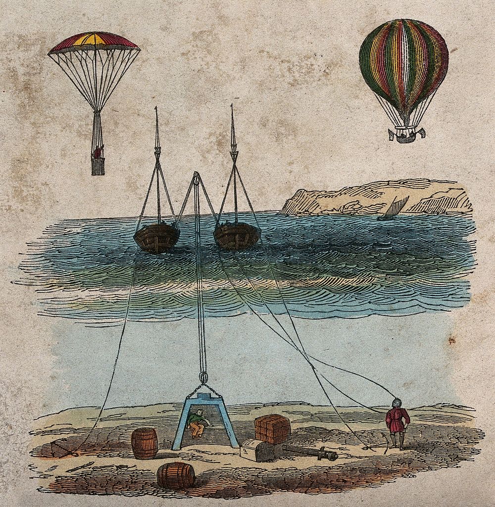 Two balloons in the air over boats in the water to which lines are attached from an anchoring system on the sea bed.…