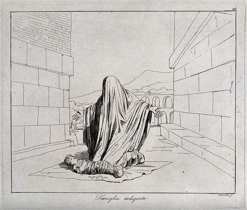 A veiled woman, kneeling, begs for alms before her swaddled baby. Etching by B. Pinelli, 1809.