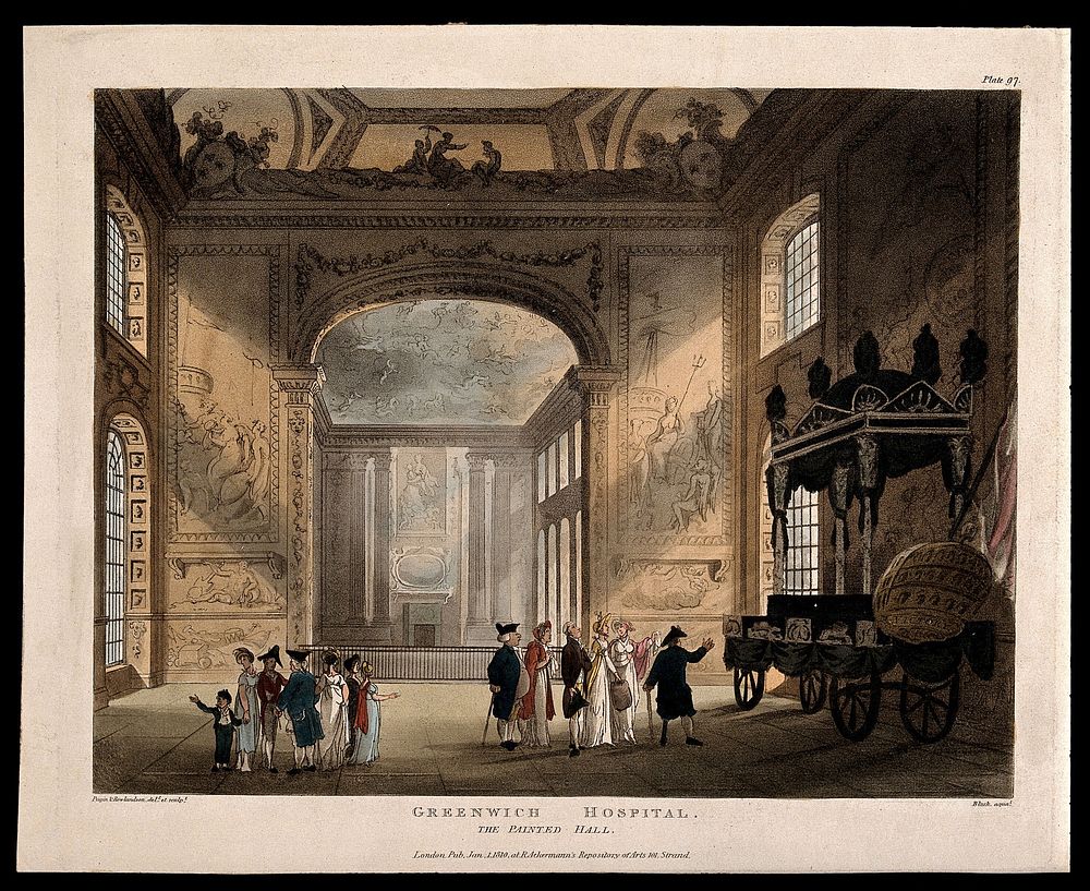 Royal Naval Hospital, Greenwich: visitors in the Painted Hall, with Horatio Nelson's catafalque. Coloured aquatint by J.…