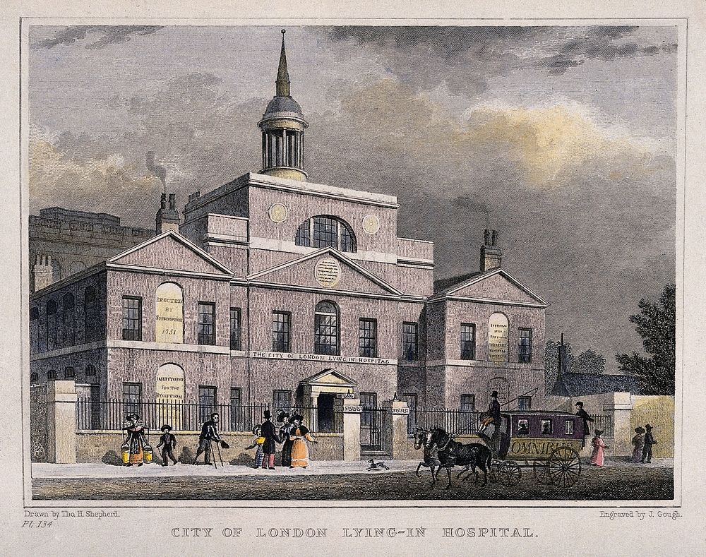 City of London Lying-in Hospital: three-quarter view of the facade. Coloured engraving by J. Gough after T. H. Shepherd.