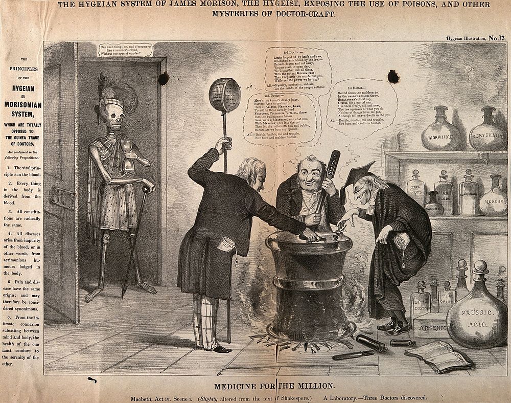 A skeletal figure surveying three doctors around a cauldron, a parody of Macbeth and the three witches; promoting James…