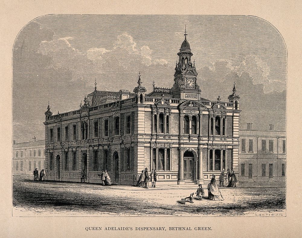 Queen Adelaide's Dispensary, Bethnal Green. Wood engraving by O. Jewitt after himself [1865].