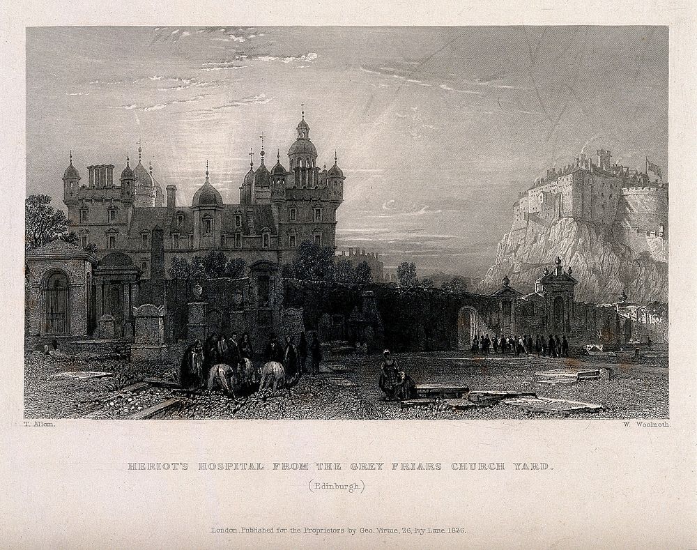 Heriot's Hospital, Edinburgh Castle from Grey Friars Church yard, Edinburgh, Scotland. Line engraving by W. Woolnoth, 1836…