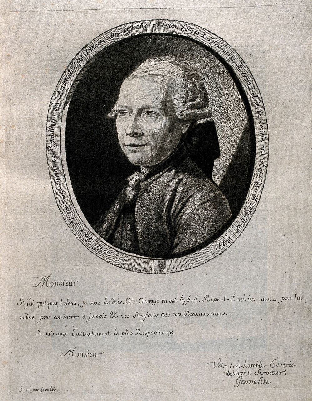 Nicholas-Joseph Marcassus, Baron de Puymaurin (1718-1791): oval head and shoulders portrait. Crayon manner print by Lavalée…