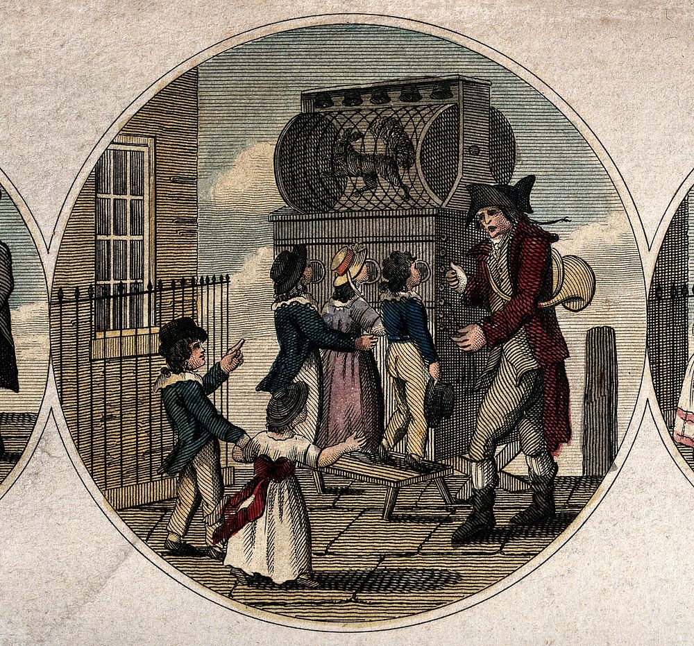Children are crowding around a man with a large box which has a cylinder on the top with an animal with a large tail in it.…