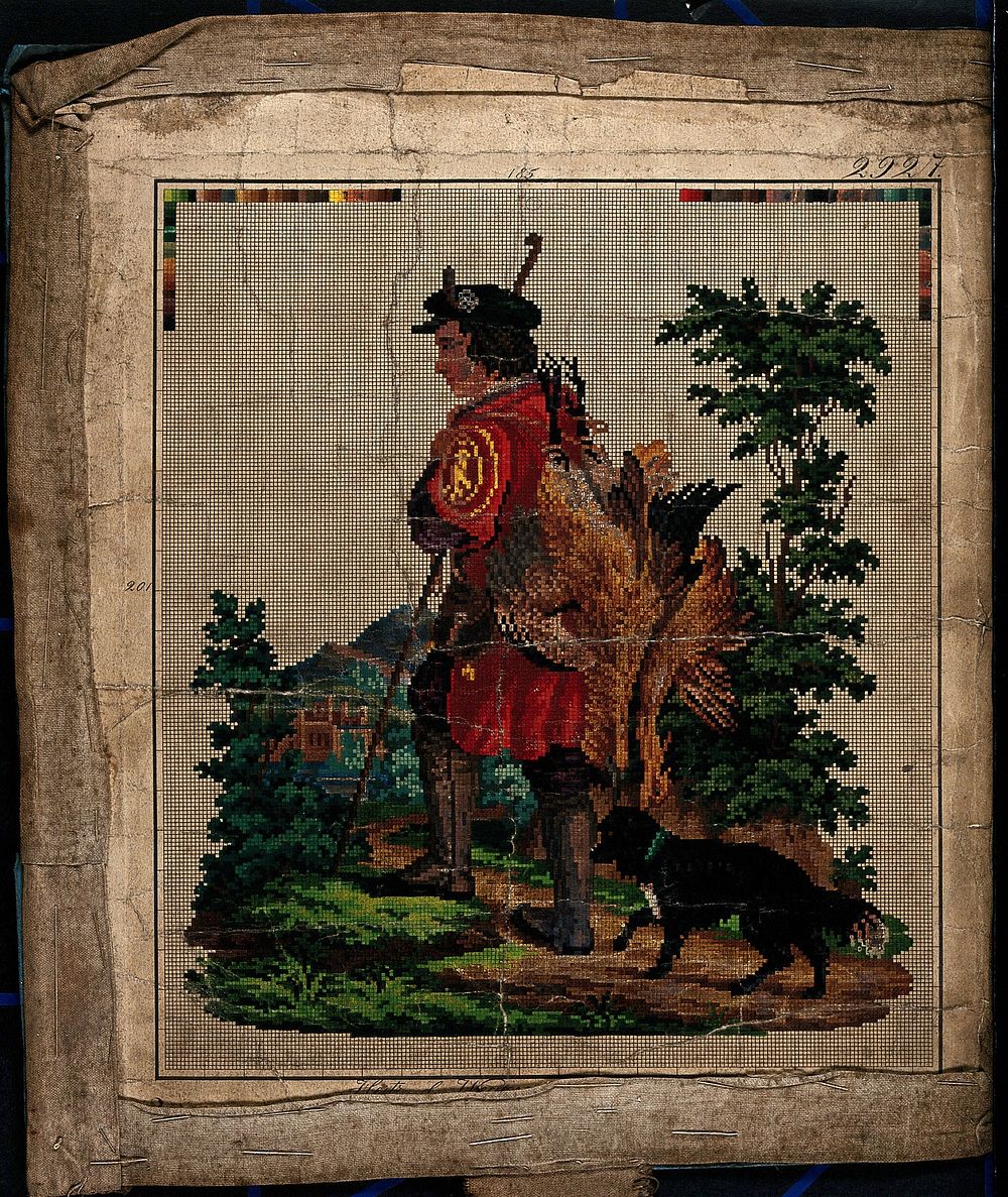 A hunter with his dog: template squared for copying in embroidery. Coloured engraving.
