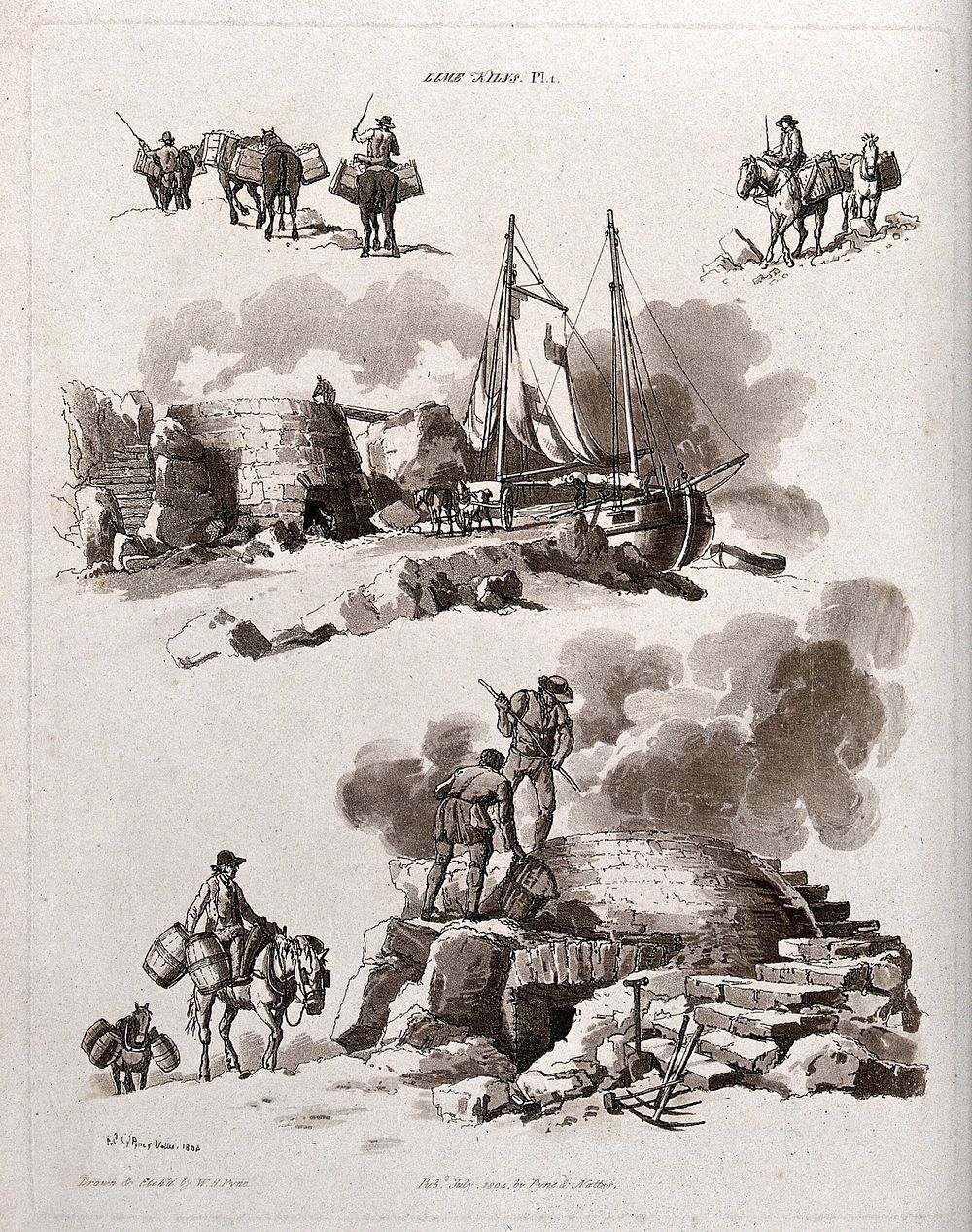 Men working in lime kilns: some are loading a boat, others are firing the kilns, and donkeys carry away loaded panniers.…