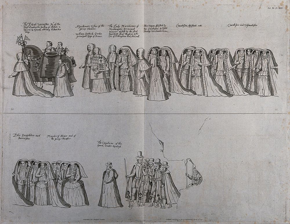 The funeral procession of Queen Elizabeth I, including the Earl of Worcester and Sir Walter Raleigh. Engraving by J. Basire…