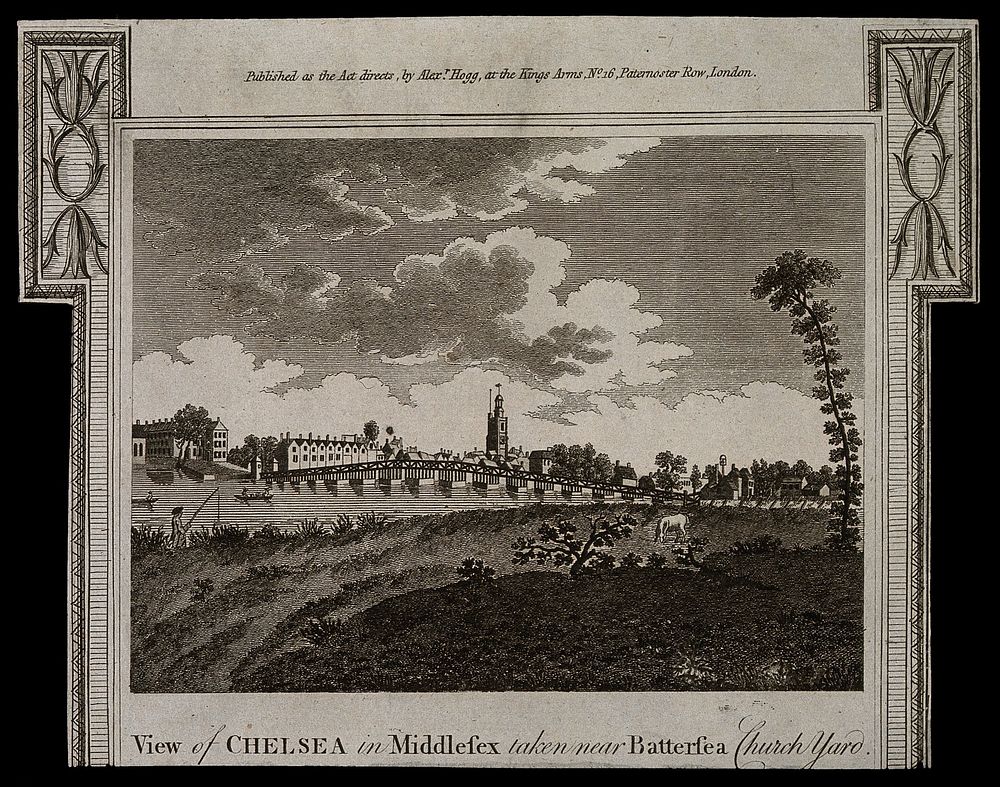 Chelsea Old Church and bridge: viewed from Battersea on the Surrey bank with boats on the river. Engraving.