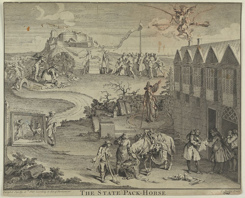 A pack-horse carrying bribes is sent by Robert Walpole from Westminster to Edinburgh. Etching by Charles Mosley, 1740.