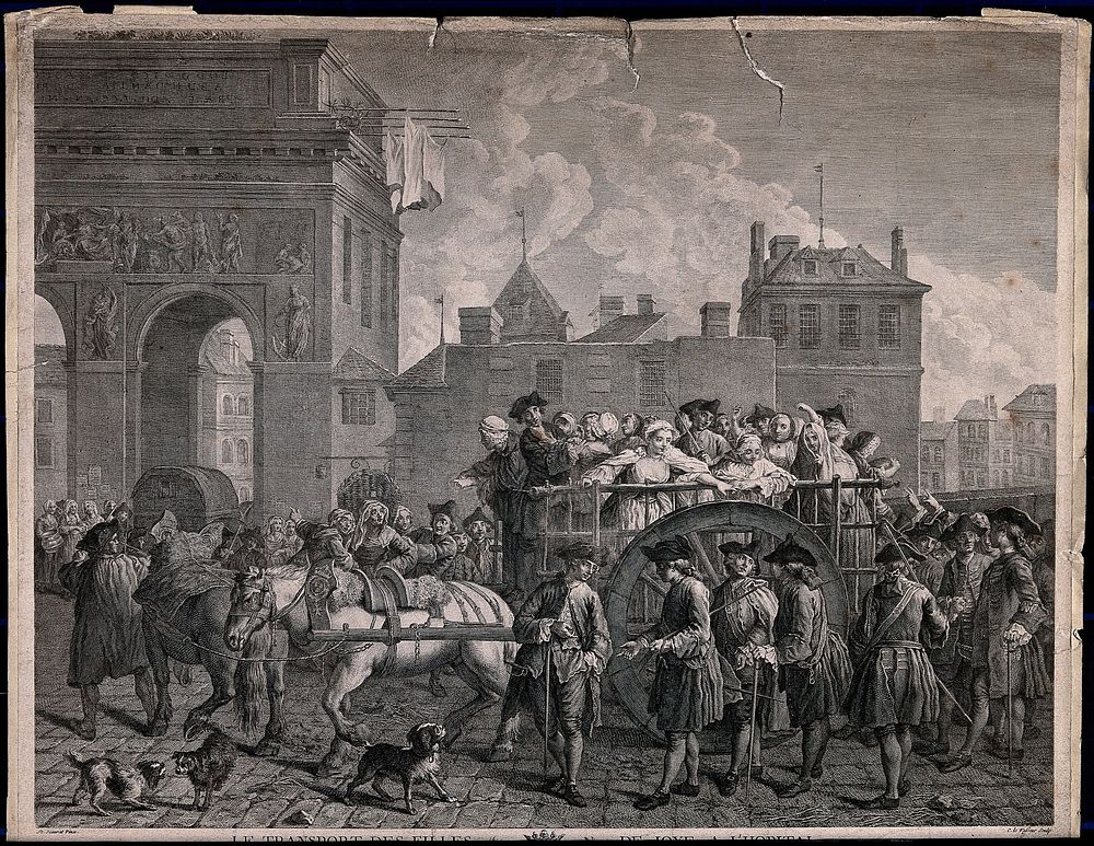 Crowds gather to watch as a cart loaded with prostitutes is dragged through the streets by horses. Engraving by C. le…