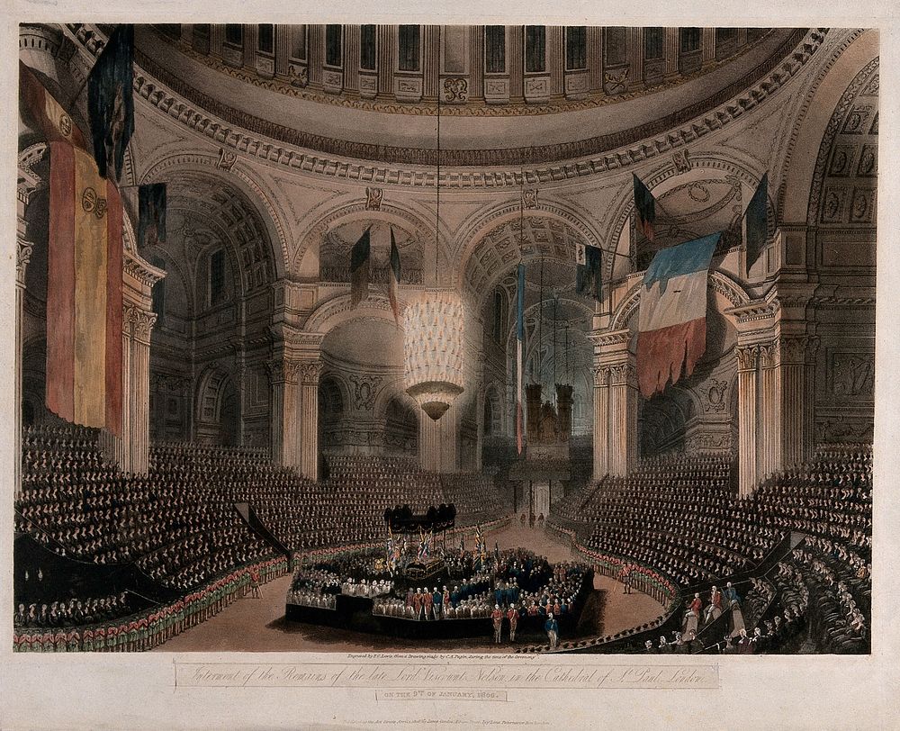 Funeral of Lord Nelson in St. Paul's Cathedral in 1806. Coloured aquatint with engraving by F.C. Lewis after C.A. Pugin…