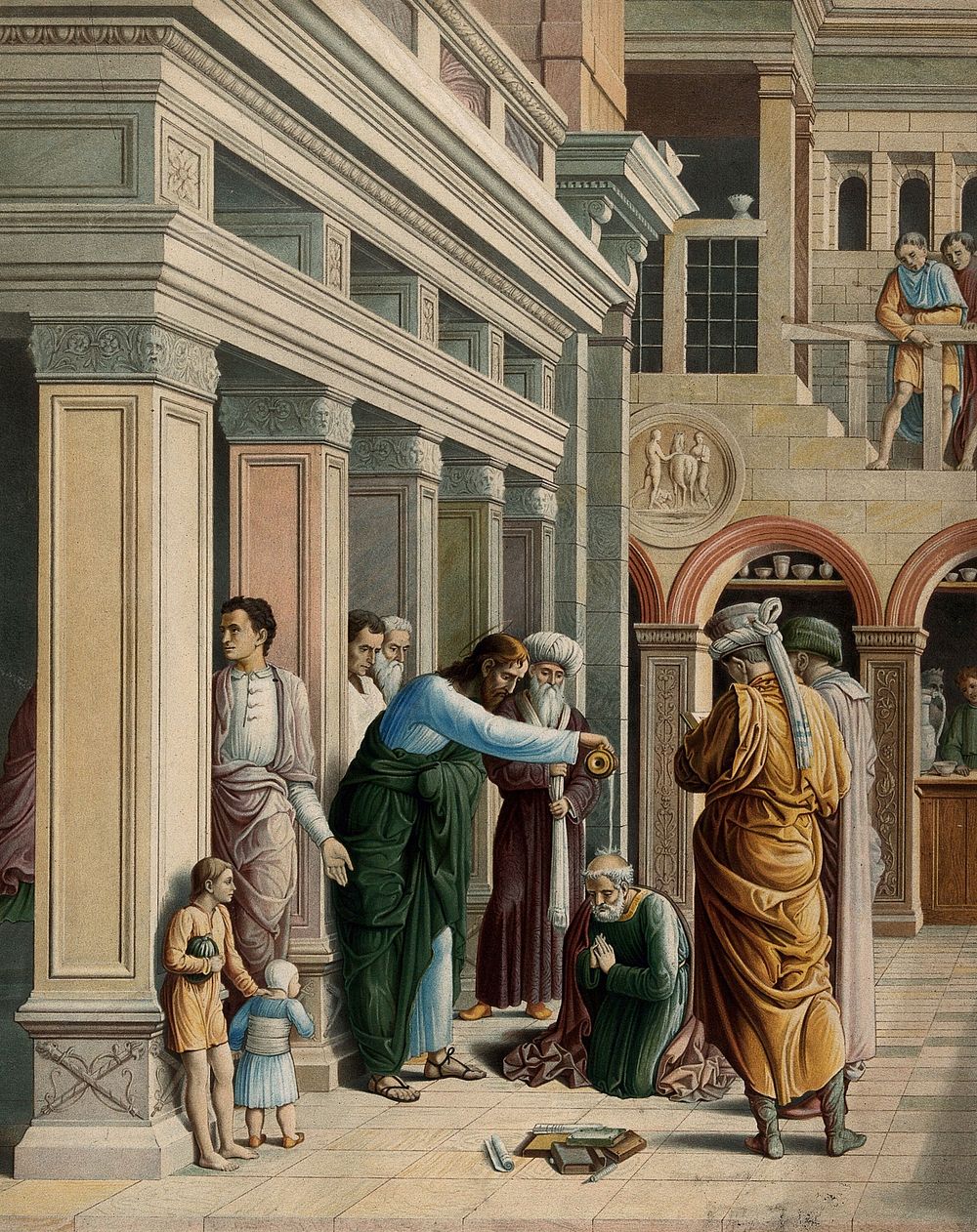 The conversion of Hermogenes the sorcerer. Chromolithograph by Storch and Kramer after C. Mariannecci after A. Mantegna.
