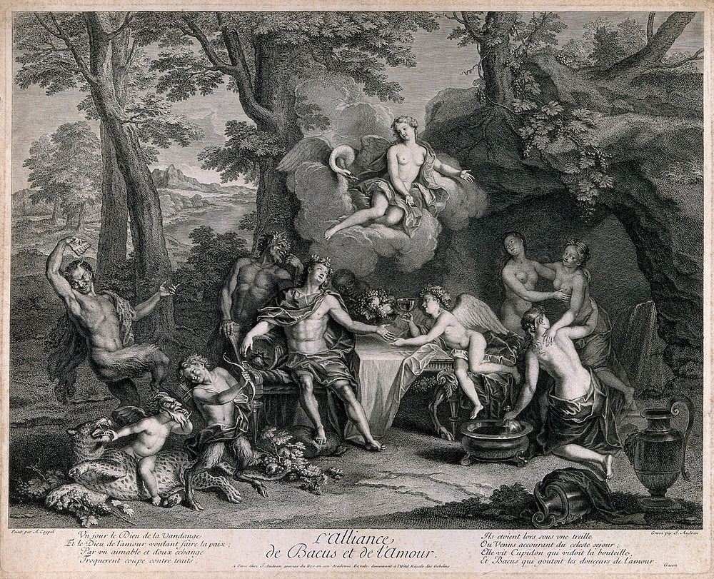 Bacchus with attendant satyrs sits drinking by a cave as Venus appears to him and offers him a cup of love. Engraving by J.…