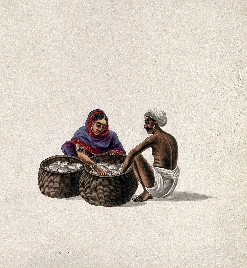 A man selling fish, displayed in two baskets, to a woman. Gouache painting by an Indian artist.