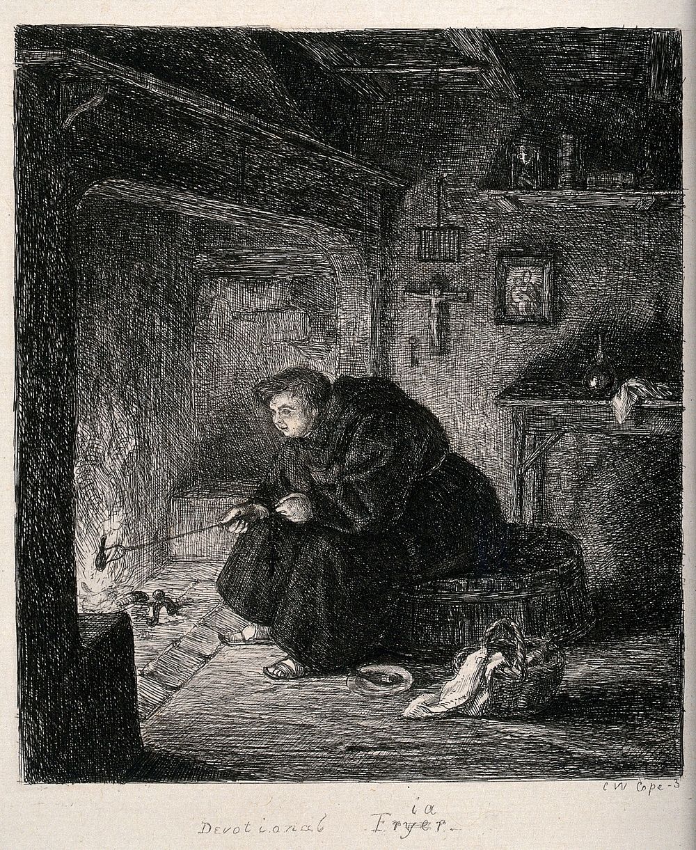 A fat friar sitting on an open fireplace and frying a drumstick. Etching by Charles West Cope.