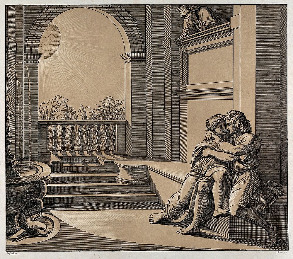Abimelech surprises Isaac and Rebekah. Colour lithograph by L. Gruner after N. Consoni after Raphael.