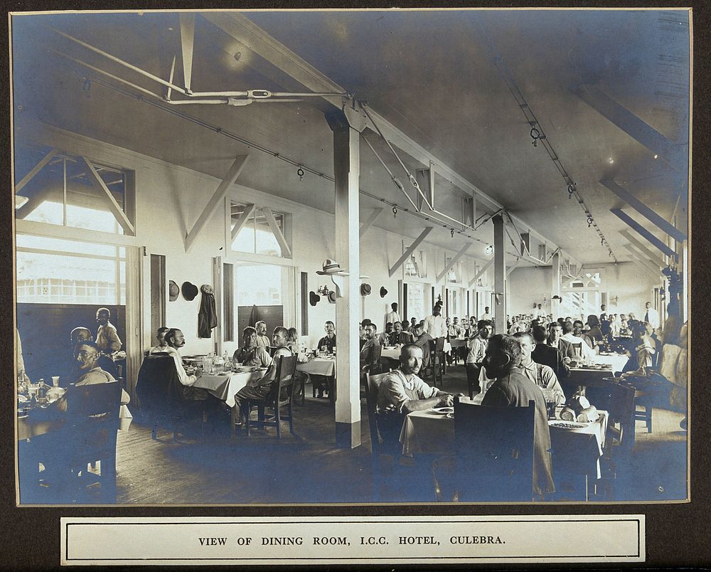 Panama Canal construction workers (American and European) dining in the Isthmian Canal Commission (I.C.C.) hotel, Culebra.…