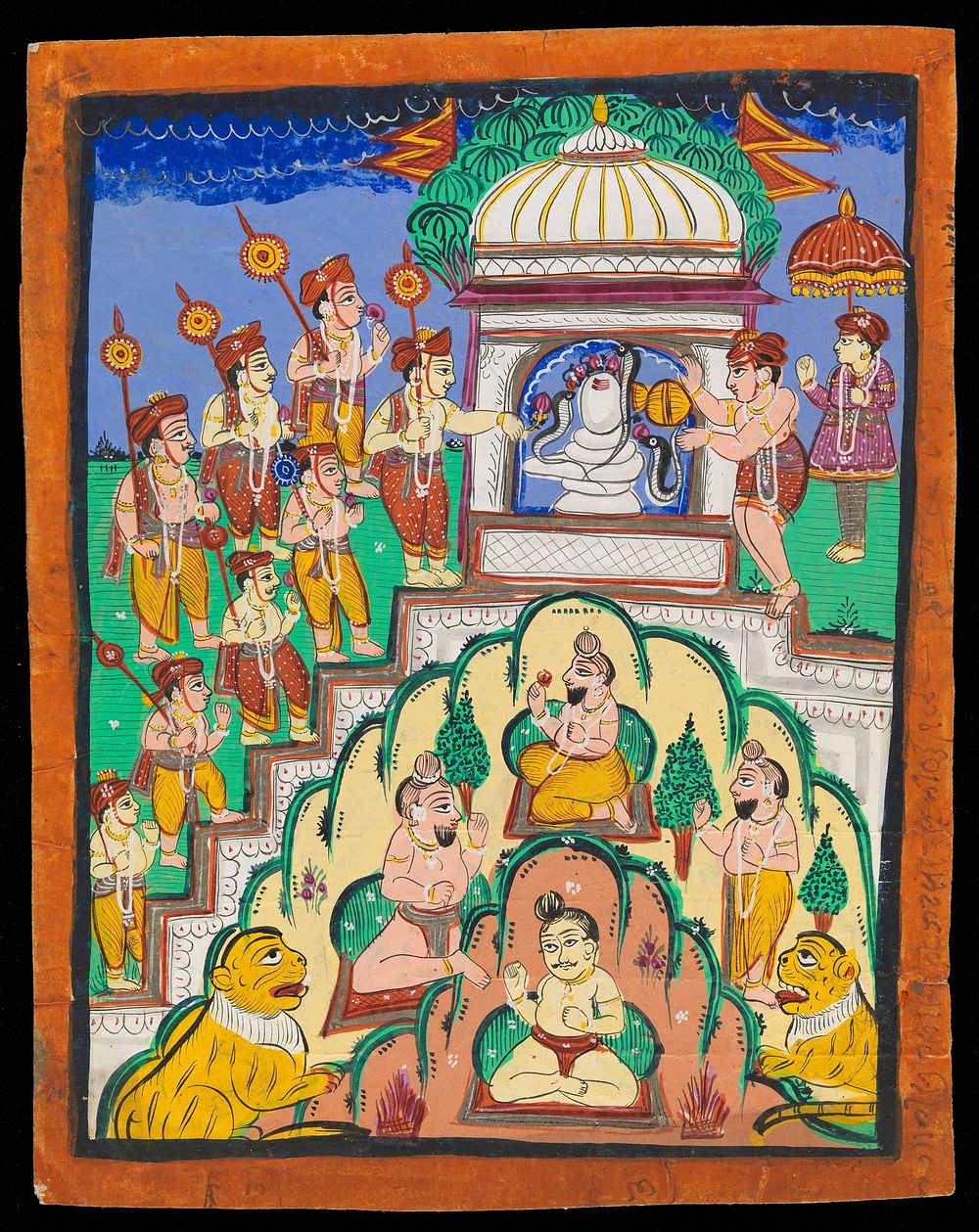 Pilgrims with roses worship a snake shrine while a Brahmin priest and attendants pray during a snake festival. Gouache…
