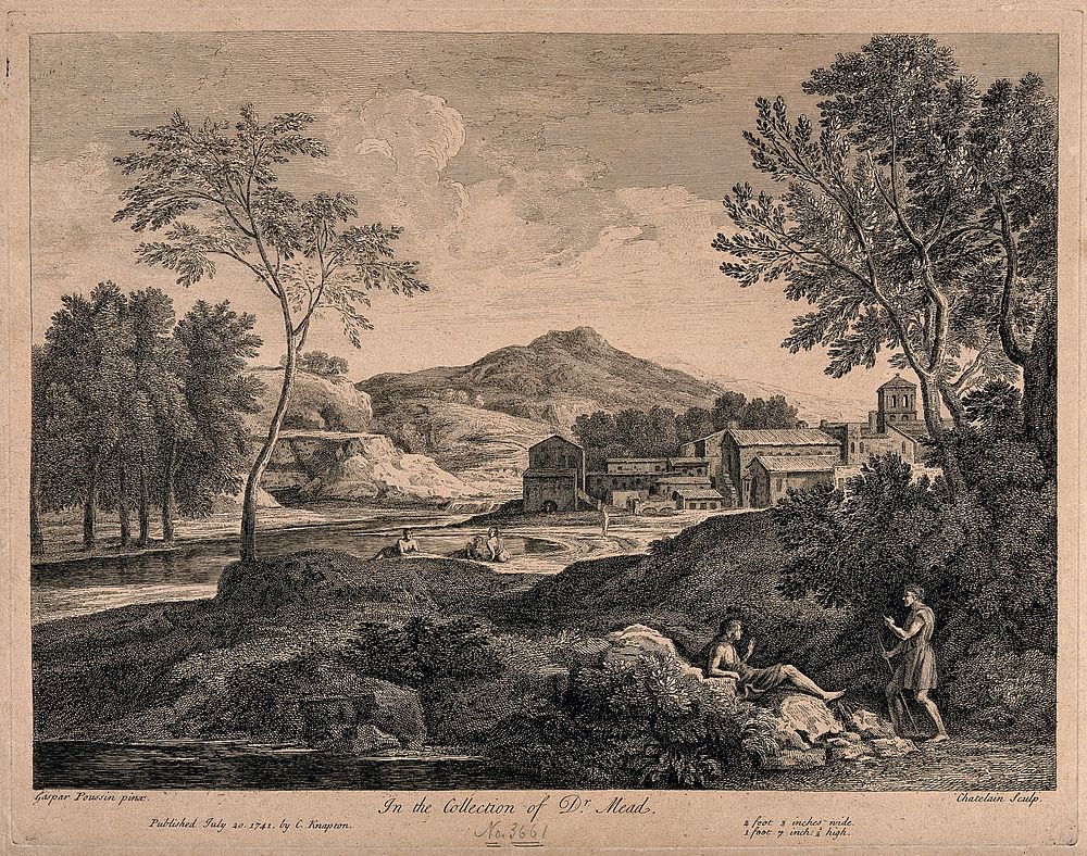 An Italian landscape; a village in the background; men in the foreground. Engraving by J.B. Chatelain after G. Poussin, 1741.