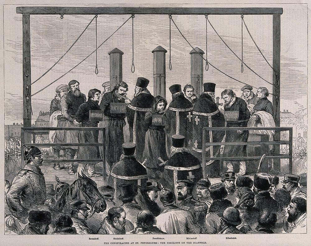 Russian Nihilists are given the last rites before their execution at the scaffold. Wood engraving.