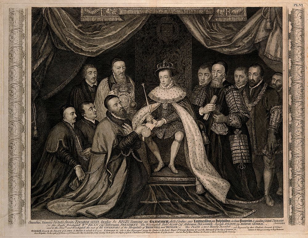 King Edward VI granting his Royal Charter to Bridewell Hospital. Engraving by G. Vertue, 1750, after a painting by G. Scrots.