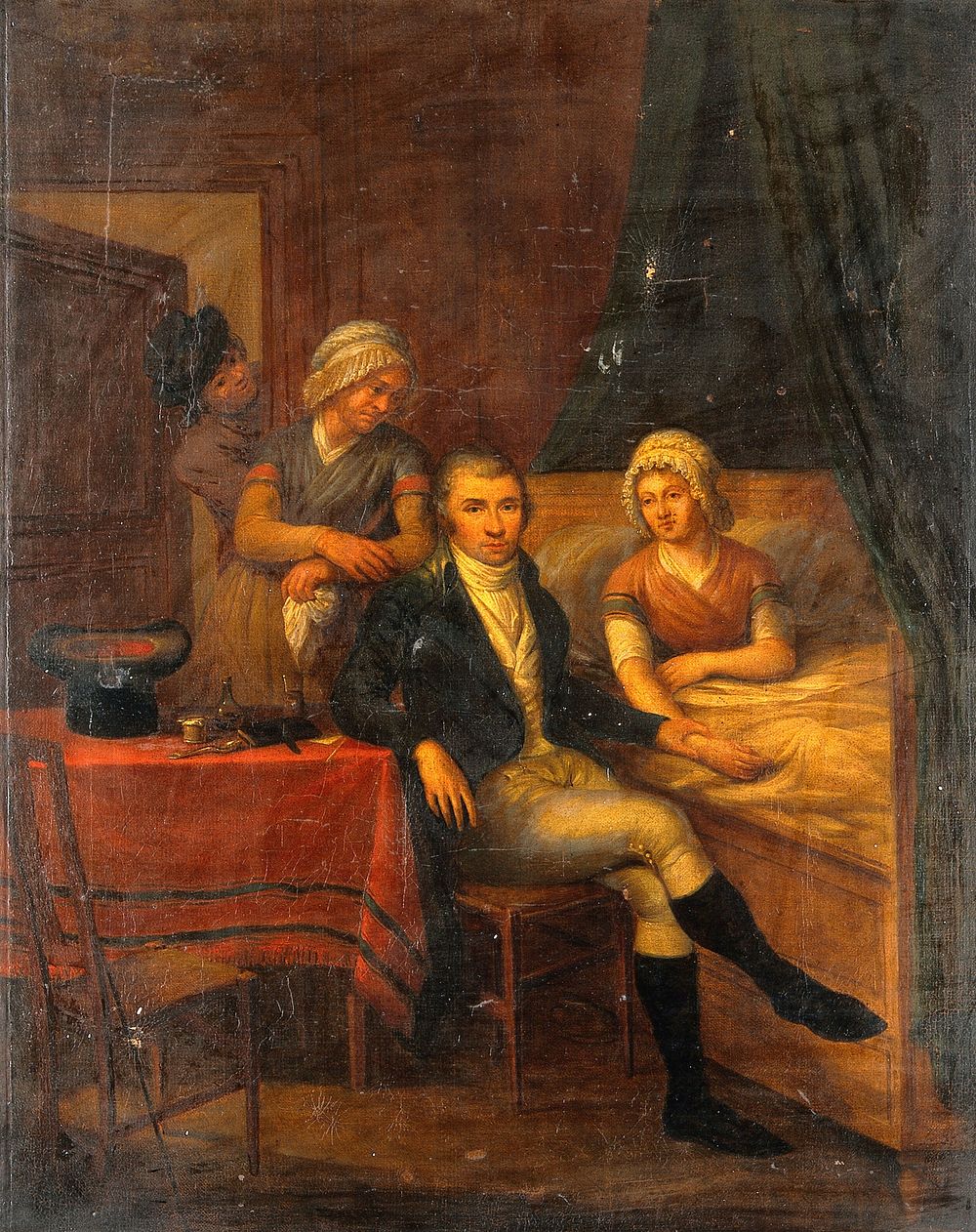 A physician taking the pulse of a woman who sits in bed, in the presence of two other figures. Oil painting by L.B.