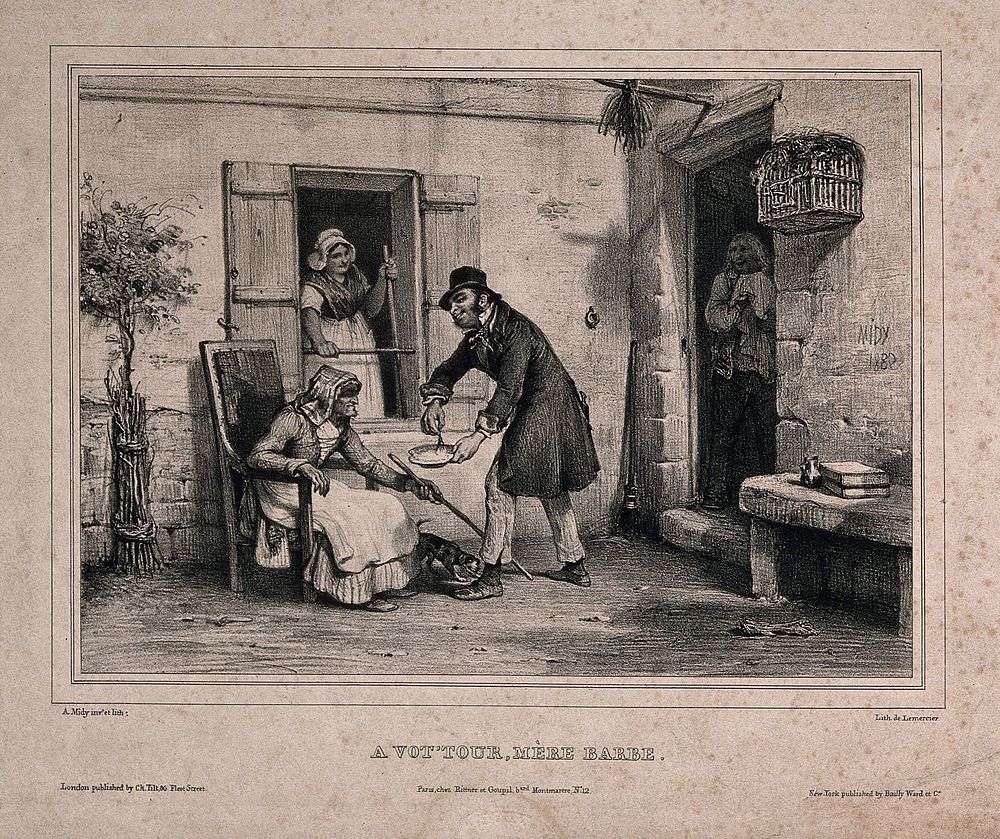 An old woman sitting in a chair outside a barber's shop is offered a shave by a barber. Lithograph by A. Midy, 1882, after…
