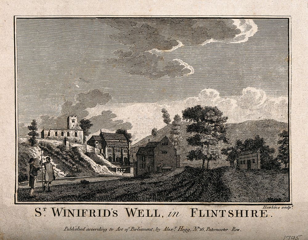 St. Winifred's Well, Flintshire, Wales. Line engraving by G. Hawkins, 1795.