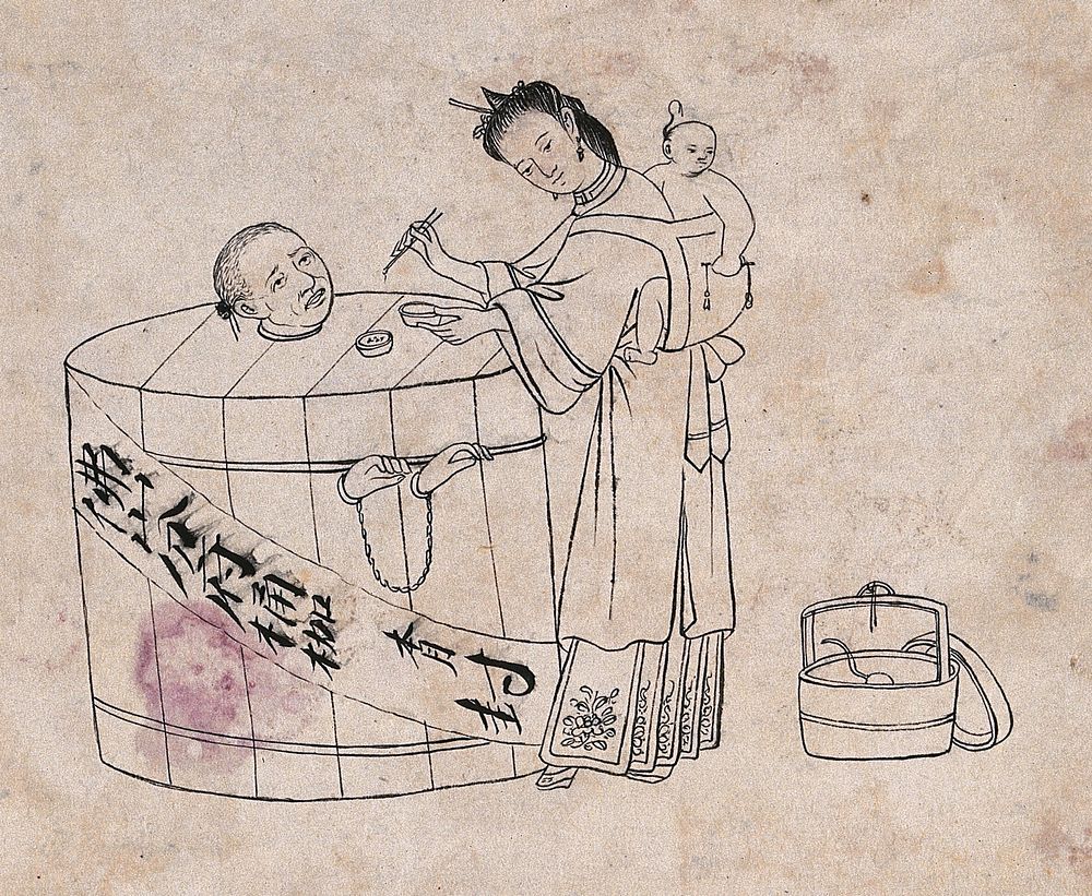 A Chinese woman carrying a baby on her back is feeding her husband who is imprisoned in a circular pillory. Engraving , ca.…
