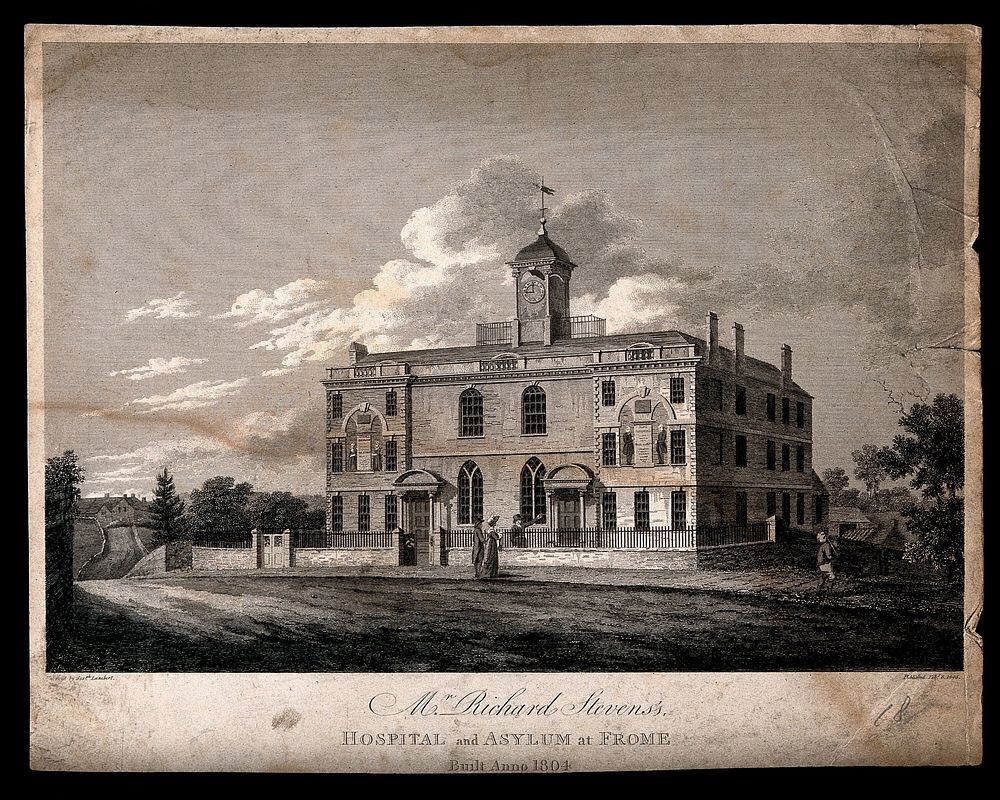 Richard Stevens's Hospital and Asylum, Frome, Somerset. Line engraving by J. Lambert, 1805.