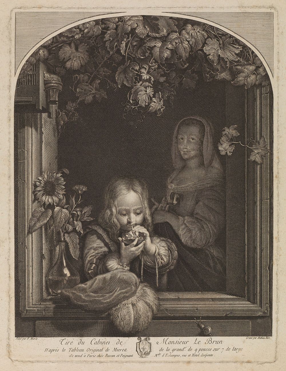 A boy blowing bubbles. Engraving by M. Blot, 1792, after F. van Mieris.