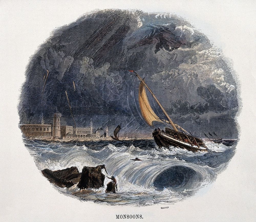 Geography: monsoons at sea, with rain. Coloured wood engraving by C. Whymper.