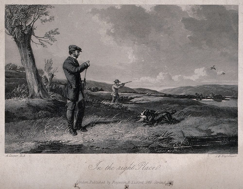 Men are out shooting pheasant on the moors, a dog is returning with the catch in his mouth. Engraving by J.H. Engelheart…